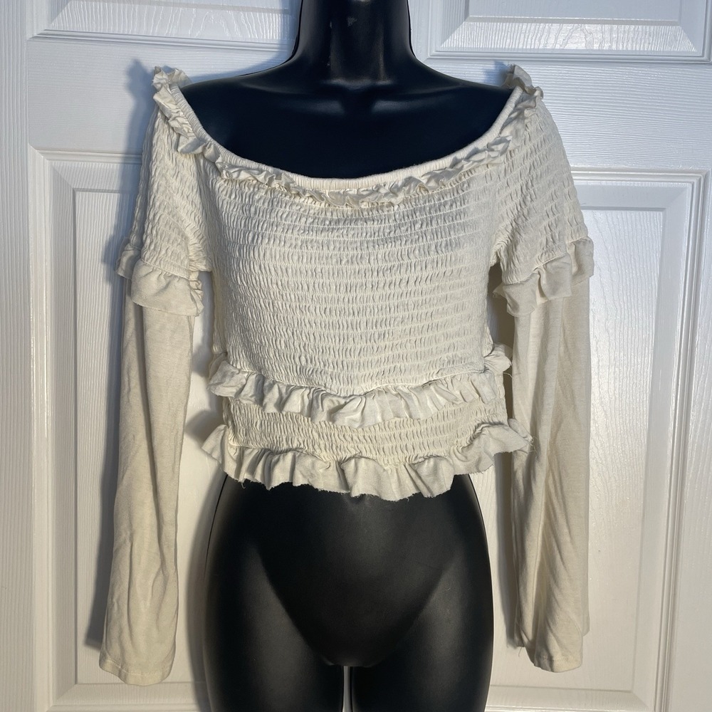 Xhilaration Shirt Womens L Beige Smocked Off Shoulder Ruffle Milkmaid Cropped